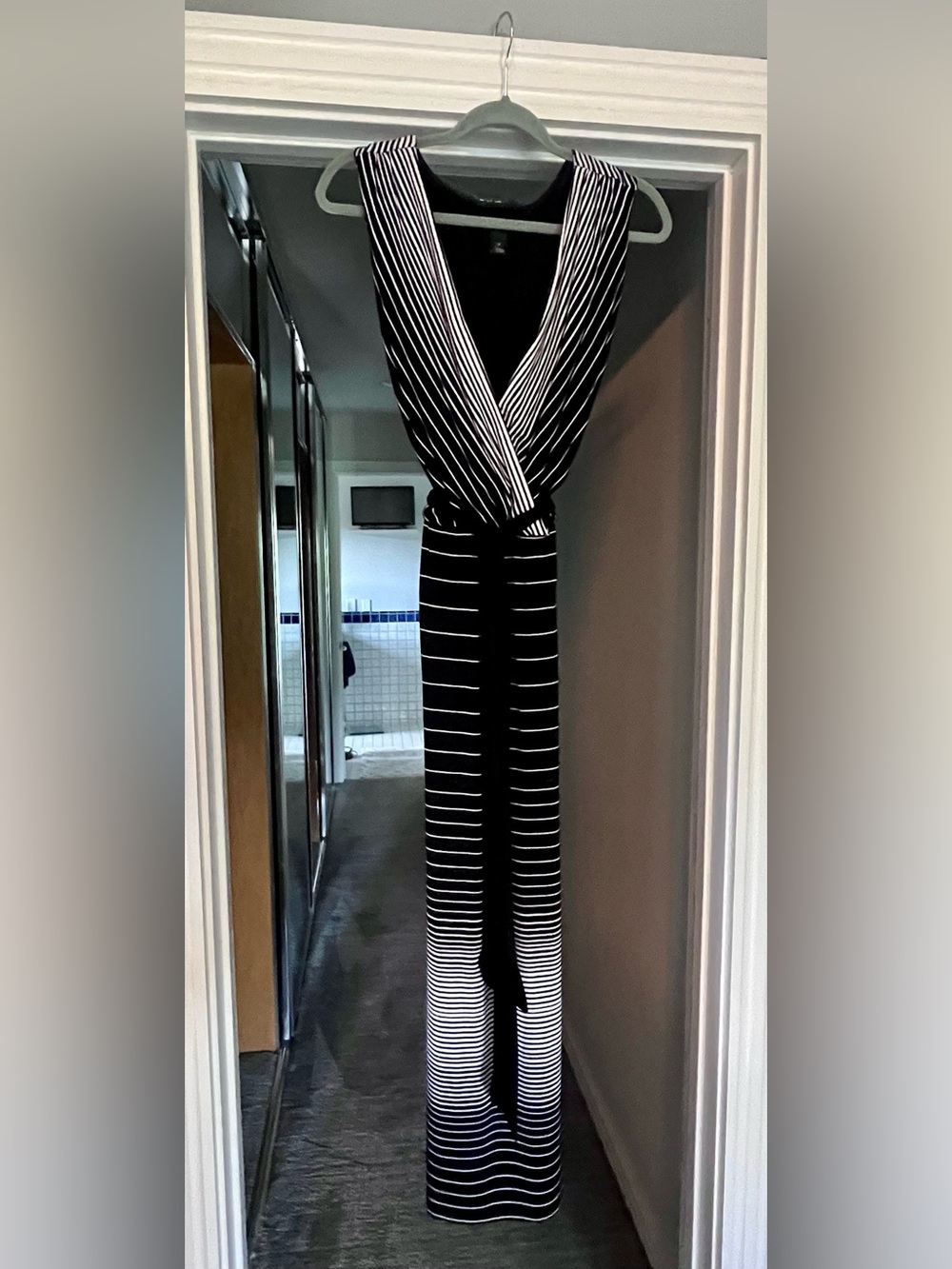 White House Black Market Black and White Striped Maxi Wrap Dress